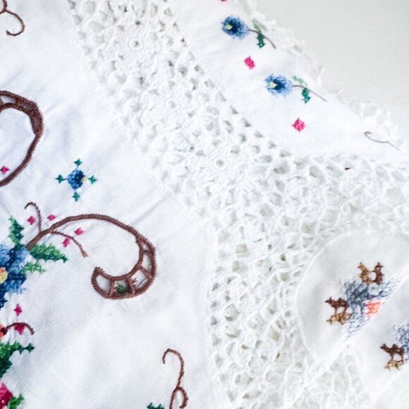 Vintage Antique Cross Stich Embroidered Crochet Large Tablecloth - Picture 5 of 11